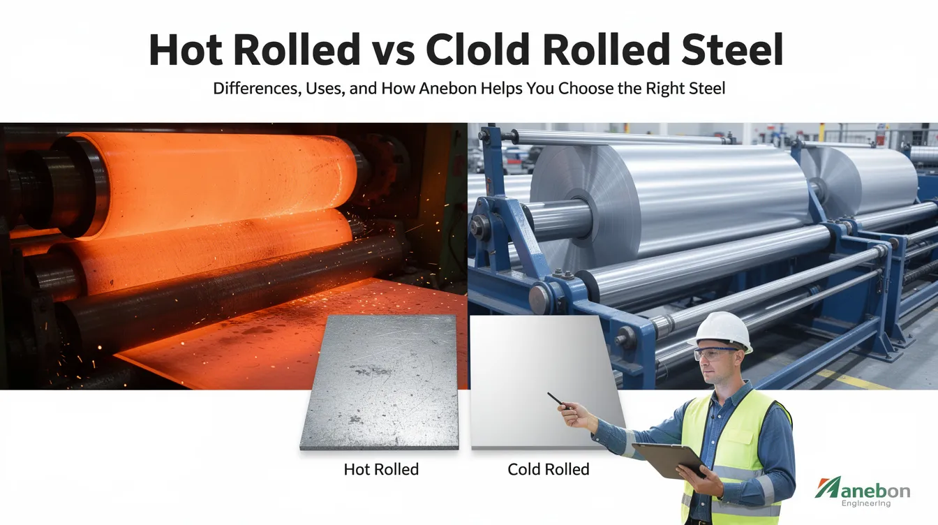 The image illustrates the key differences between hot rolled and cold rolled steel, showcasing various steel products such as sheets and I-beams. It highlights the contrasting surface finishes and dimensional tolerances, emphasizing the smoother surface of cold rolled steel versus the rougher finish of hot rolled steel, essential for different applications in construction and automotive industries.