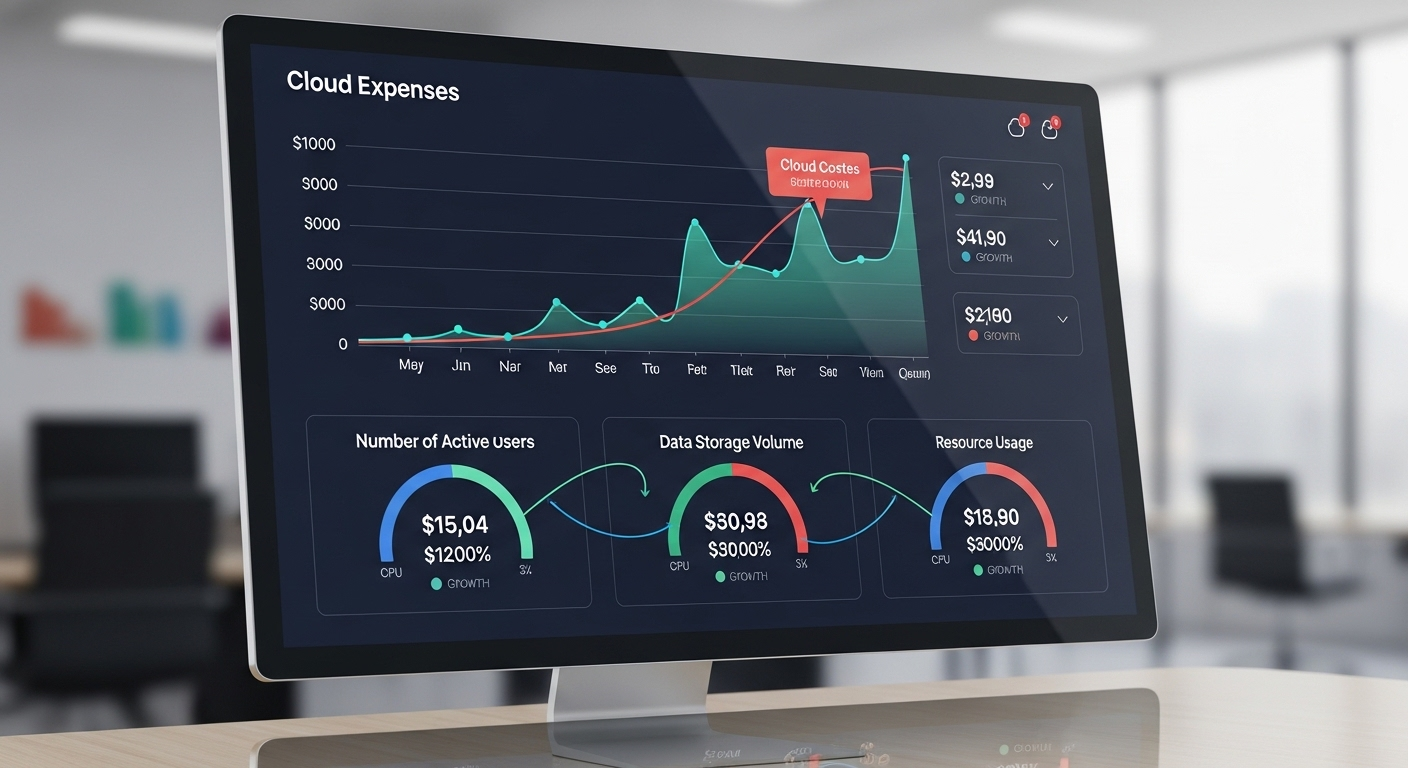 Cost management dashboard with rising cloud expenses based on users, storage, and resource usage.