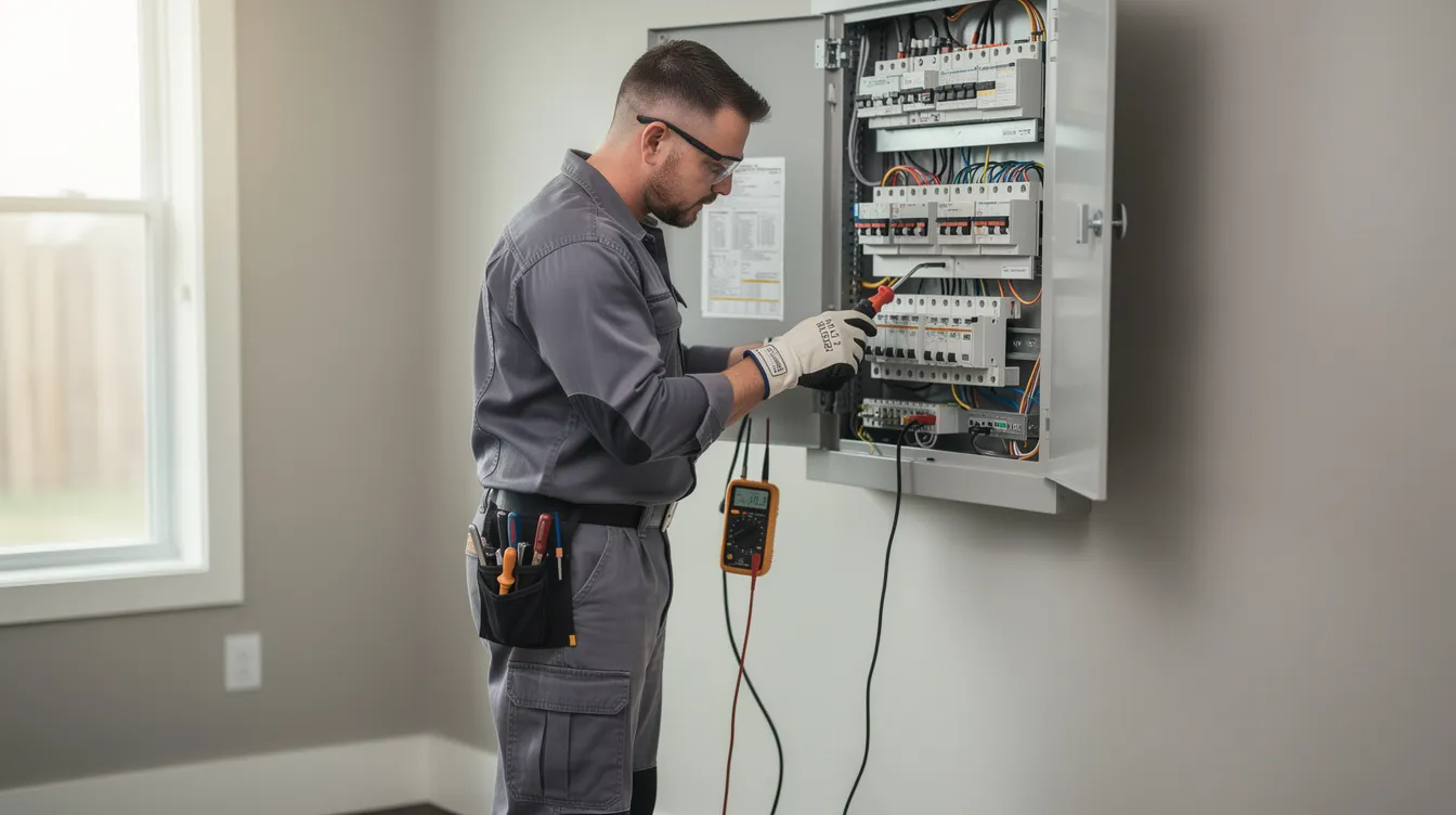 A licensed electrician is safely working on a residential electrical panel, ensuring proper handling of electrical equipment and wiring to prevent electrical hazards. The scene emphasizes the importance of electrical safety tips for maintaining a home's electrical system and avoiding potential risks.