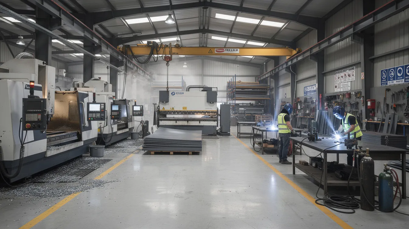The image depicts the interior of a large-scale metal fabrication facility, showcasing advanced CNC equipment, press brakes, and multiple welding stations. This environment highlights the precision sheet metal fabrication process used by leading metal fabrication companies to produce high-quality components for various industries, including automotive and medical devices.