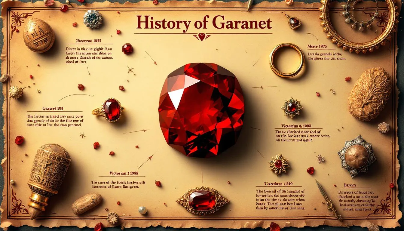 The image depicts a stunning collection of garnet jewellery, showcasing various pieces such as earrings, necklaces, and statement rings, all featuring the deep red hues characteristic of the January birthstone. This rich history of garnets can be traced back to ancient Egypt and the Romans, where they were believed to symbolize eternal love and protection.