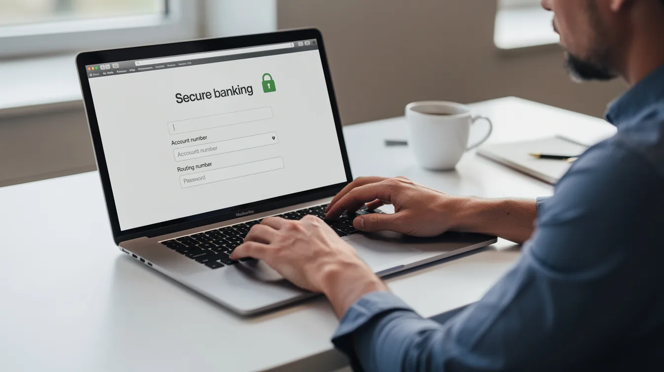 A person is focused on entering their banking details on a laptop screen, ensuring secure and accurate information for a money transfer. This image highlights the importance of careful handling of financial transactions, particularly for services like Faysal Bank's online money transfer options.