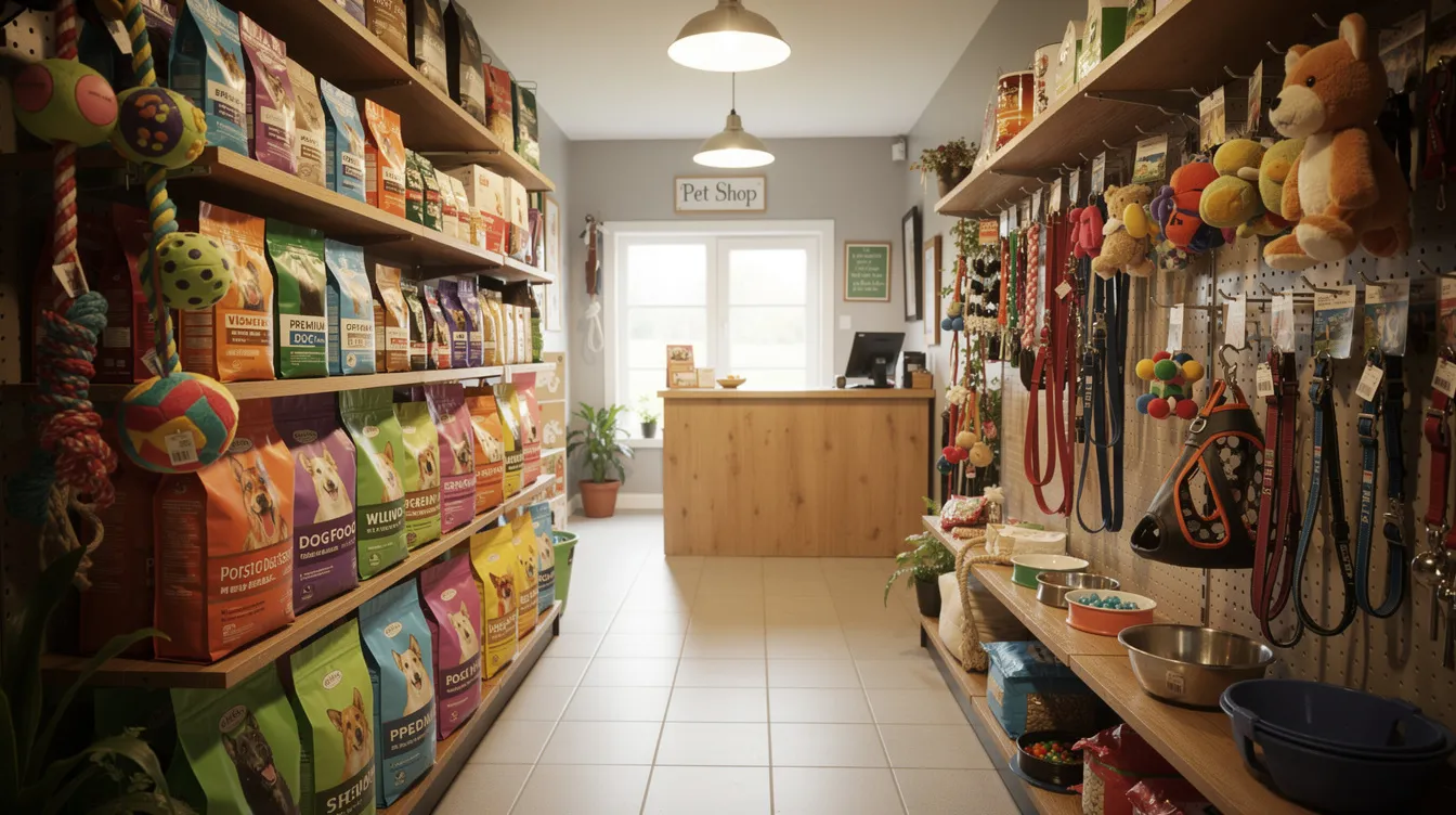 487555ab ec64 43f4 9aed a4b48b3e8228 The image depicts a small pet shop filled with shelves stocked with colorful dog food bags, various pet toys, and accessories, creating a welcoming atmosphere for pet owners. This retail business showcases a great business idea for aspiring small business owners looking to cater to the needs of pet lovers.
