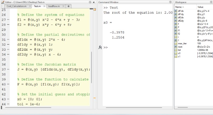 newton raphson method for system of nonlinear equations matlab
