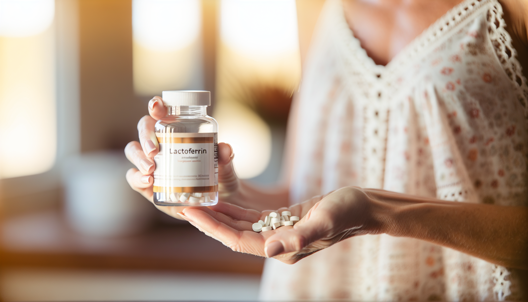 A photo of a hand holding a bottle of dietary supplements, highlighting the topic of lactoferrin supplementation and its potential health benefits.