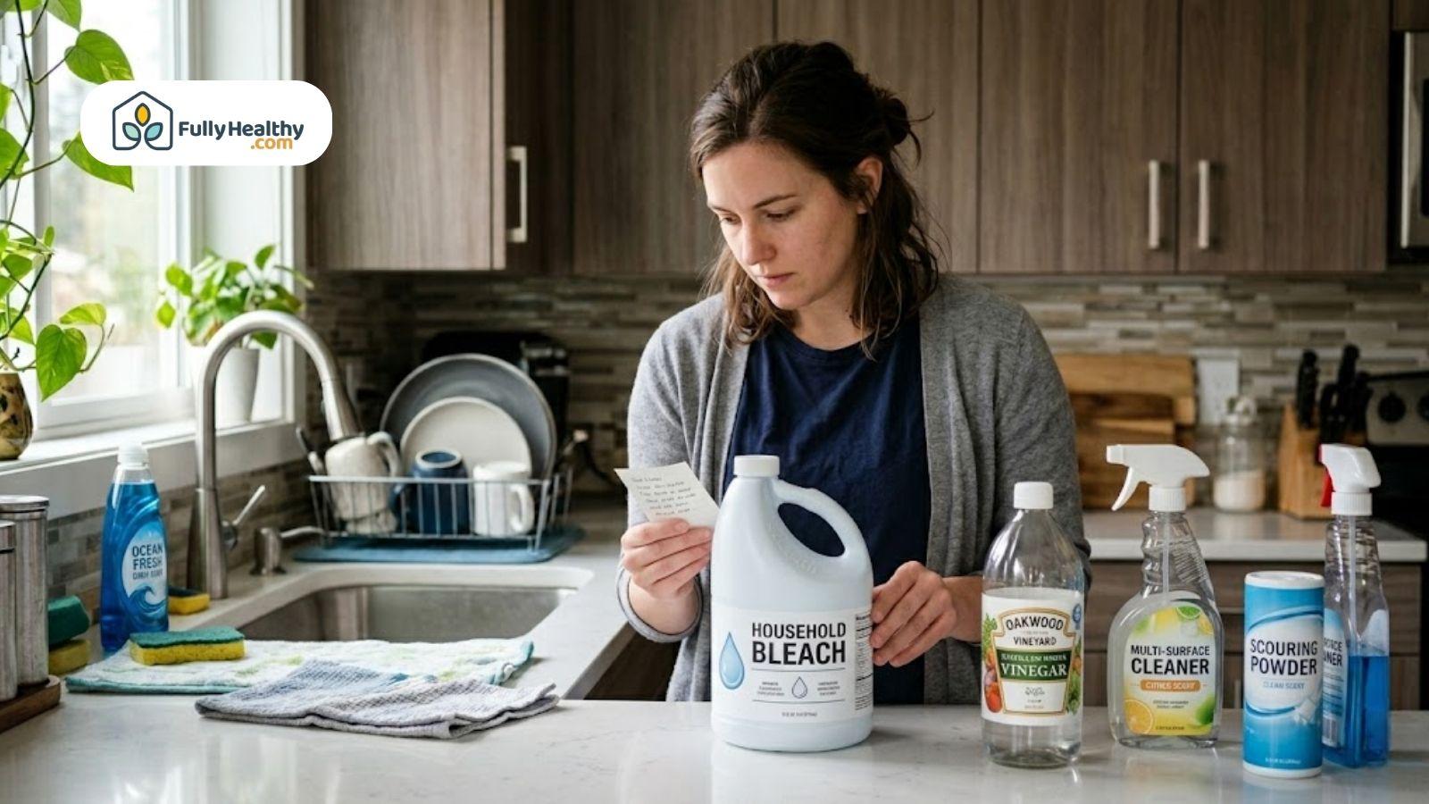 Person reading cleaning labels with vinegar and bleach.