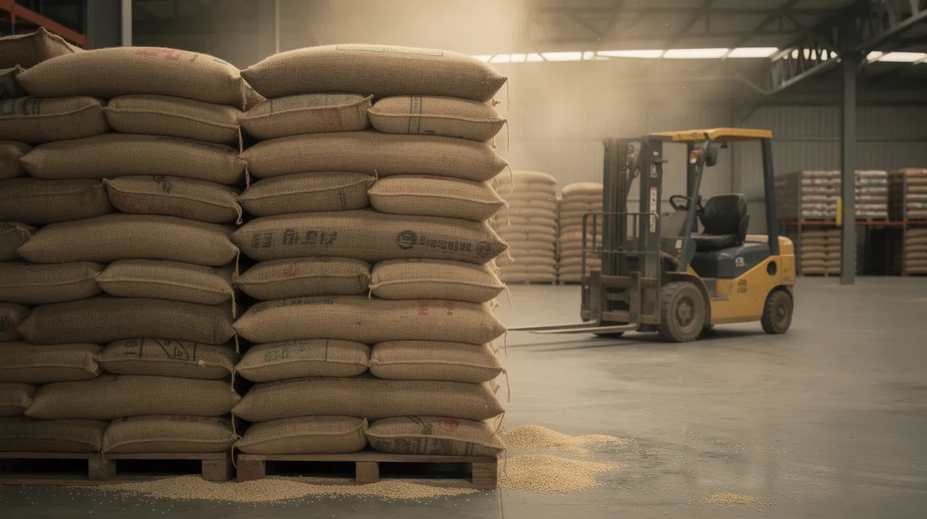 487b047b 13e3 4dfa a77e 3bc8c872231c The image shows stacked burlap bags filled with paddy in a storage warehouse, with a forklift positioned in the background, indicating a busy environment typical of a rice mill project. This setup highlights the importance of efficient storage and handling of raw materials essential for food processing and rice husking operations.