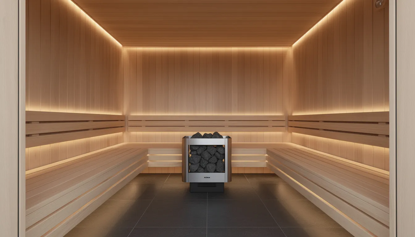The image depicts a modern home sauna interior featuring sleek wooden benches and a contemporary electric sauna heater, designed for optimal sauna sessions with precise temperature control. The sauna room is enhanced by glass doors, creating a welcoming space for relaxation and a pleasant sauna experience.