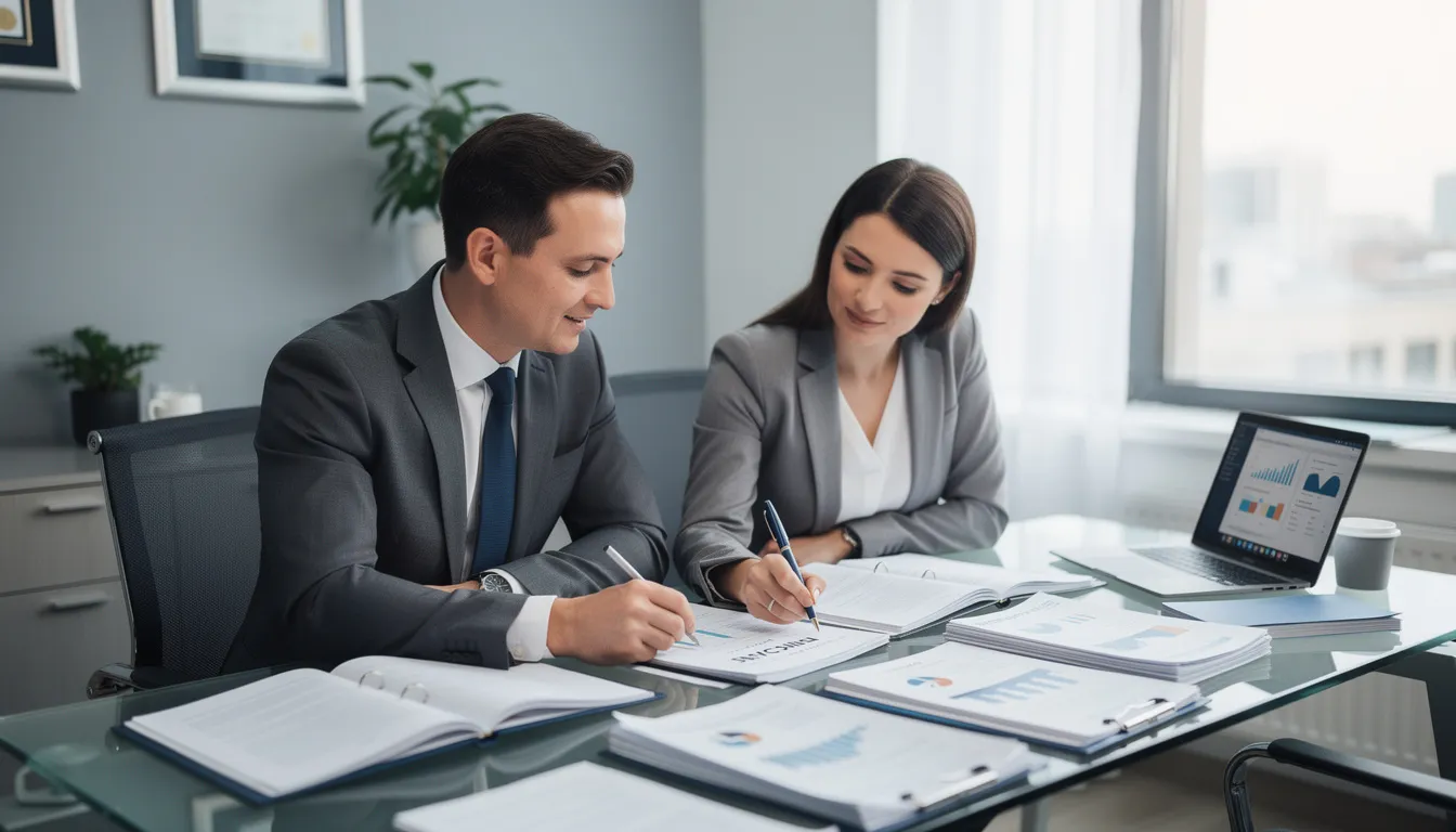 A business owner is engaged in a discussion with a financial advisor, reviewing important practice documents related to their medical practice and management services organization (MSO). They are focused on aligning their business goals and ensuring regulatory compliance while considering aspects like management fees and patient care.