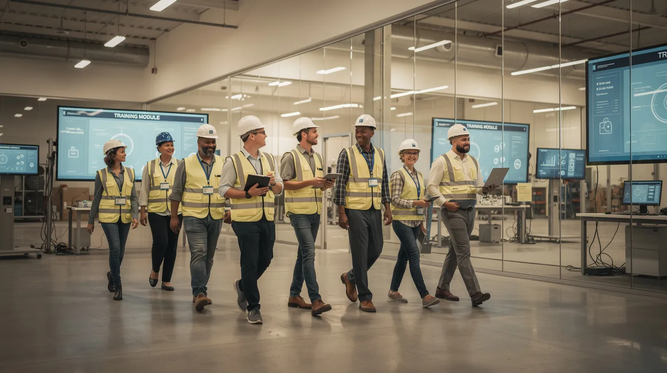 A group of diverse workers is walking through a modern training facility designed for apprenticeship programs, showcasing an environment focused on skill development and hands-on experience. The facility features various training modules that support on-the-job training and career advancement for job seekers, emphasizing the importance of organizational success and workforce innovation.