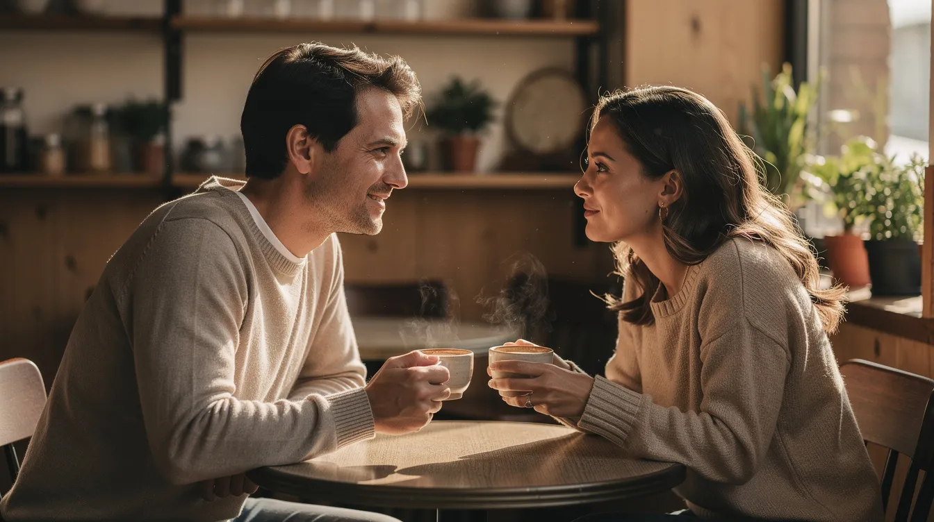 A couple sits closely together at a cozy café, engaged in a calm and thoughtful conversation over coffee, reflecting on their emotional connection and exploring their sexual compatibility. Their relaxed demeanor suggests a comfortable atmosphere, ideal for discussing sensitive topics such as desires and preferences in their relationship.