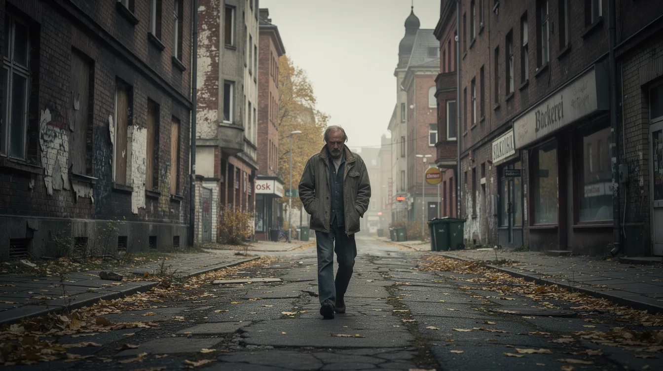 Ein Mann in einfacher Kleidung schreitet allein durch eine heruntergekommene Straße in einer Großstadt, umgeben von Backsteingebäuden und einer herbstlichen Stimmung, die an die Kämpfe und den unermüdlichen Geist von Rocky Balboa erinnert. Die Szenerie vermittelt ein Gefühl von Einsamkeit und Entschlossenheit in einer urbanen Umgebung.