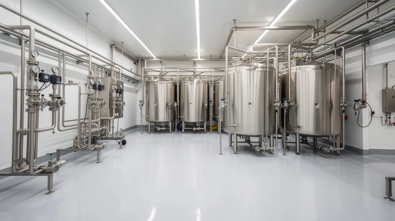 487f09d0 c40f 464c b883 0cffa80f6683 The image depicts a modern dairy processing facility featuring large stainless steel tanks and extensive piping systems, integral to the whey processing plant. This environment is essential for the production of whey protein and other dairy products, showcasing the machinery and technology requirements necessary for efficient manufacturing processes.