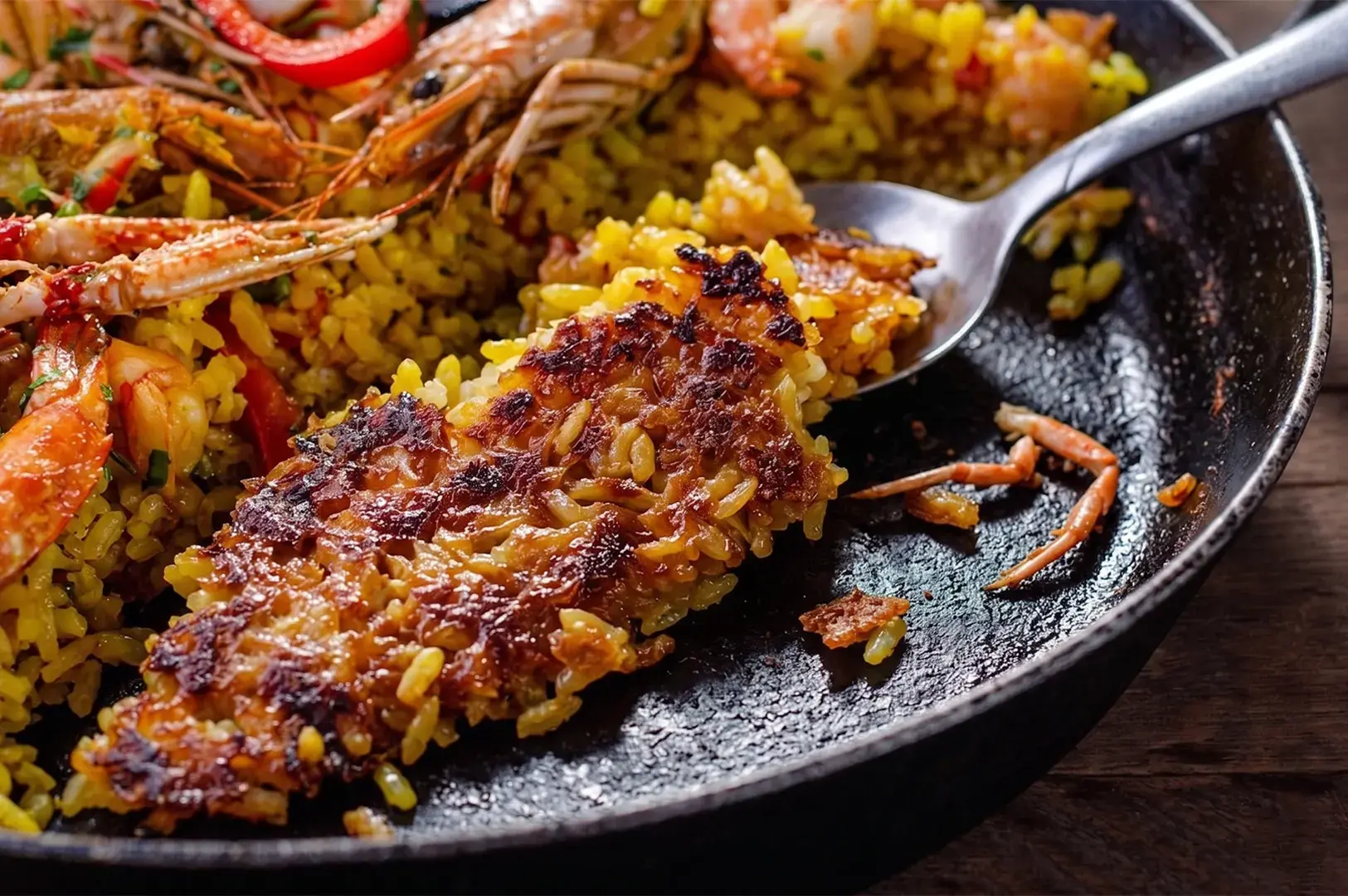 A metal spoon lifting a crispy piece of socarrat from a pan of traditional Spanish seafood paella.