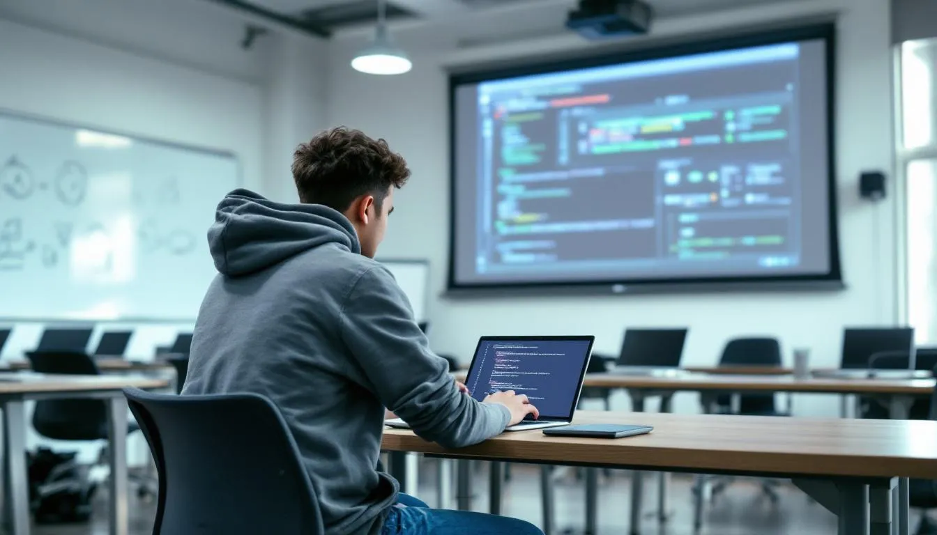 Un joven está trabajando en un entorno educativo, analizando datos sobre ciberseguridad y desarrollando estrategias para proteger a las organizaciones y pequeñas y medianas empresas (pymes) de ciberataques y amenazas como el malware y el phishing. La imagen refleja la importancia de la formación y la concienciación en seguridad informática para los usuarios y empleados en el sector.