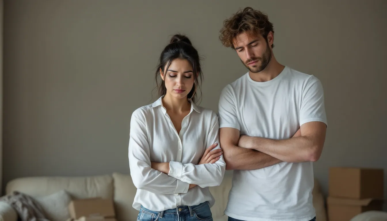 In the image, a couple is sitting across from each other at a table, looking somber as they go through divorce papers, symbolizing the emotional weight of the divorce process. The scene reflects the complexities of family law matters, including child custody and financial support, that often accompany divorce proceedings in California.