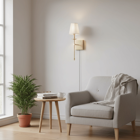 Wall-mounted Nordic reading light with a fabric shade in a Scandinavian-style living room seating area.
