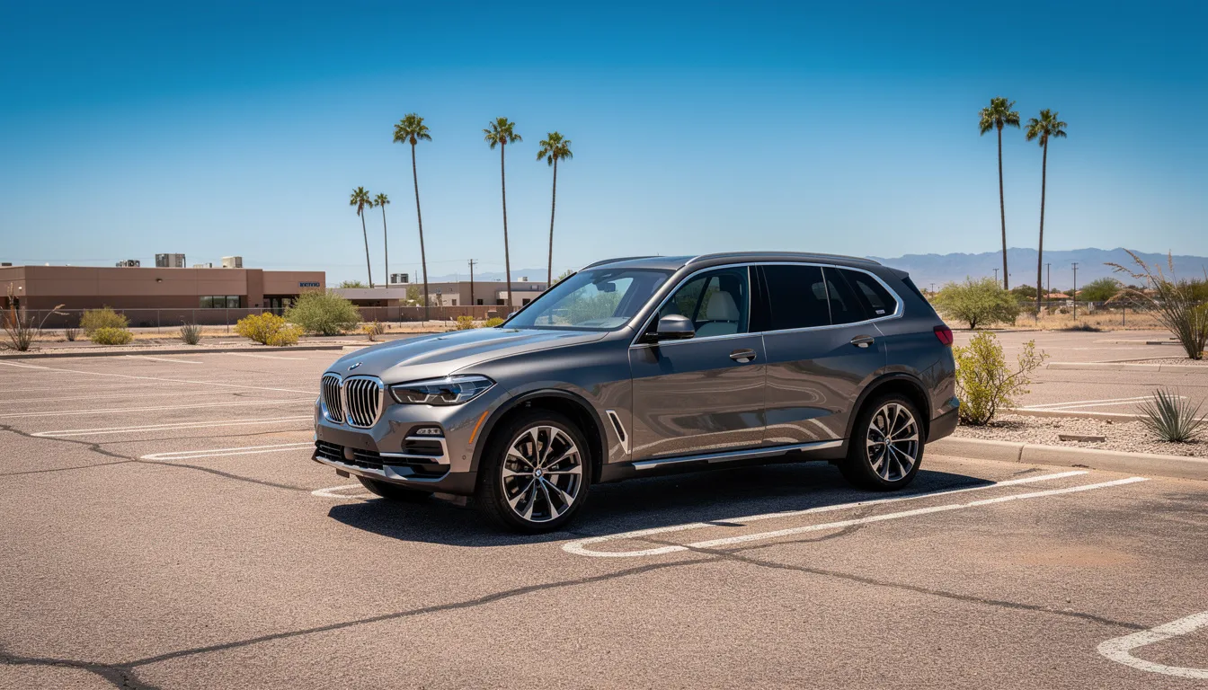 A BMW X5 SUV is parked in a sunny Arizona parking lot, surrounded by palm trees that sway gently in the breeze. This luxurious vehicle, known for its peak performance and reliability, stands out against the vibrant blue sky.