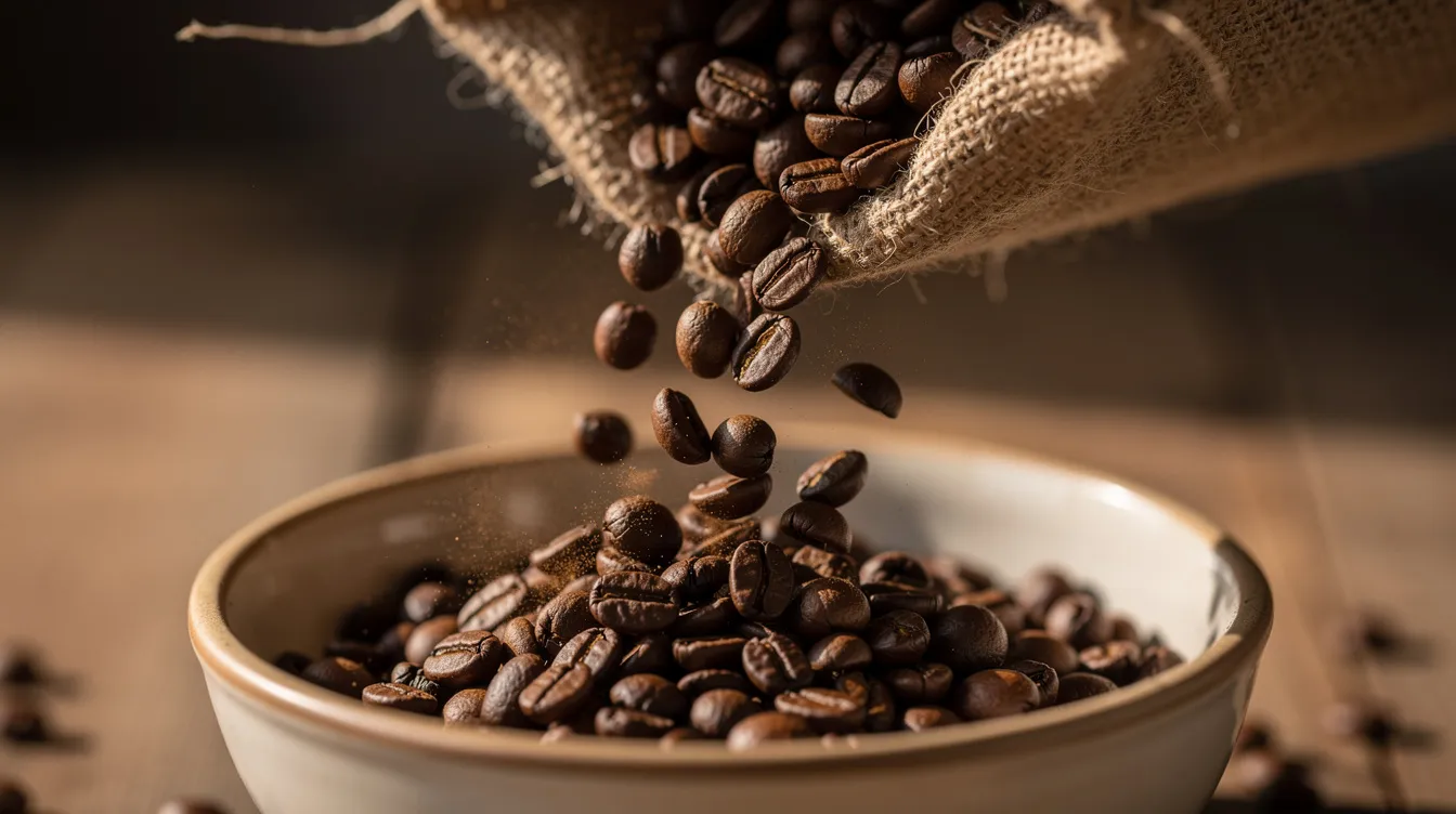 Friskristede kaffebønner hældes fra en sæk af jute ned i en skål, hvilket skaber en dejlig aroma af god kaffe. Bønnerne er nøje udvalgte og repræsenterer en balanceret smag, der lover en fantastisk kaffeoplevelse.