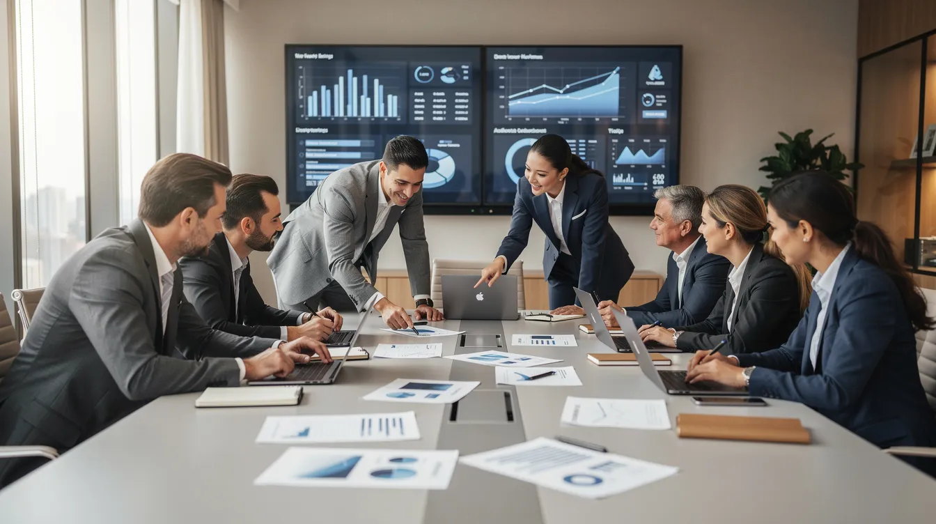 L'image montre des professionnels collaborant activement autour d'une table de travail, entourés de documents et d'écrans. Cette scène illustre l'importance du leadership et de la communication au sein d'une équipe pour atteindre des objectifs communs.