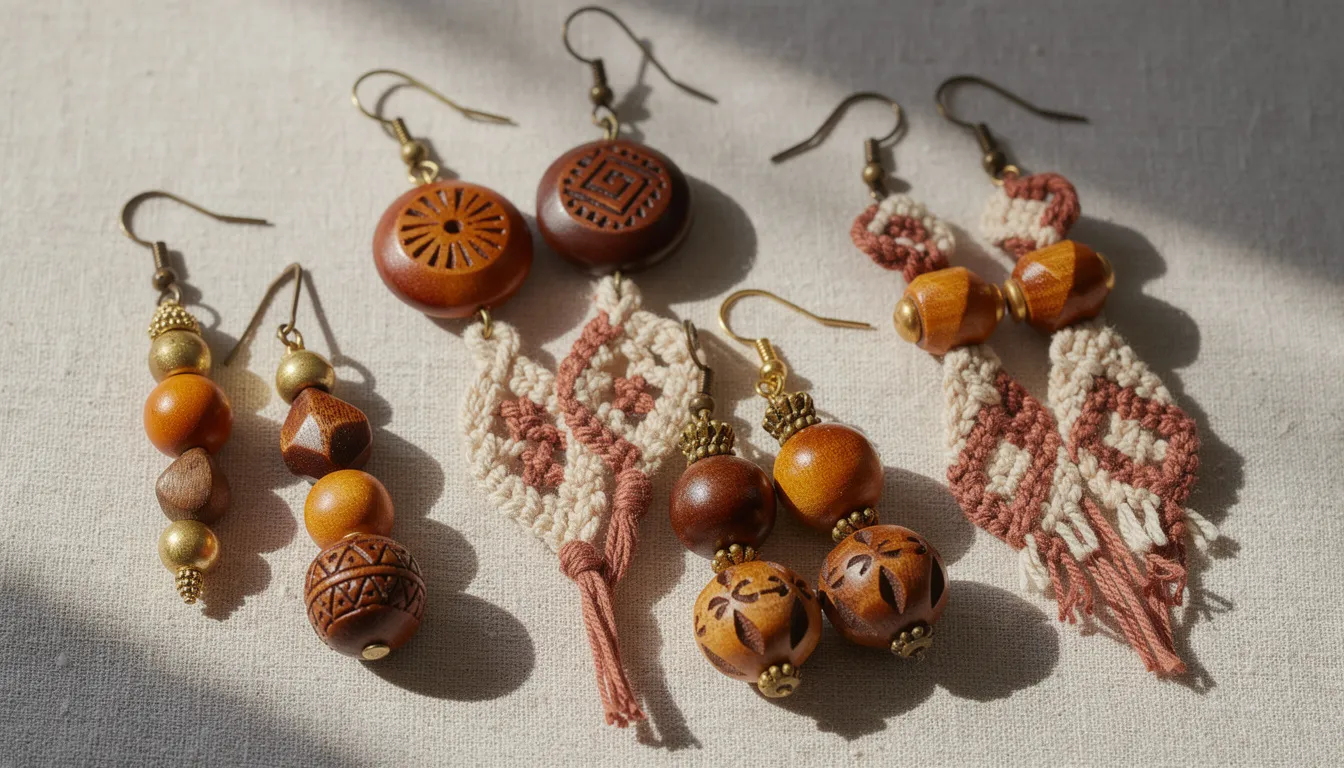The image features a pair of beautifully crafted wooden bead earrings, showcasing intricate carvings and earthy tones that reflect a rich tradition. These drop earrings combine natural wooden beads with macrame cording, highlighting their unique details and artisanal craftsmanship, perfect for adding a statement to any casual look.
