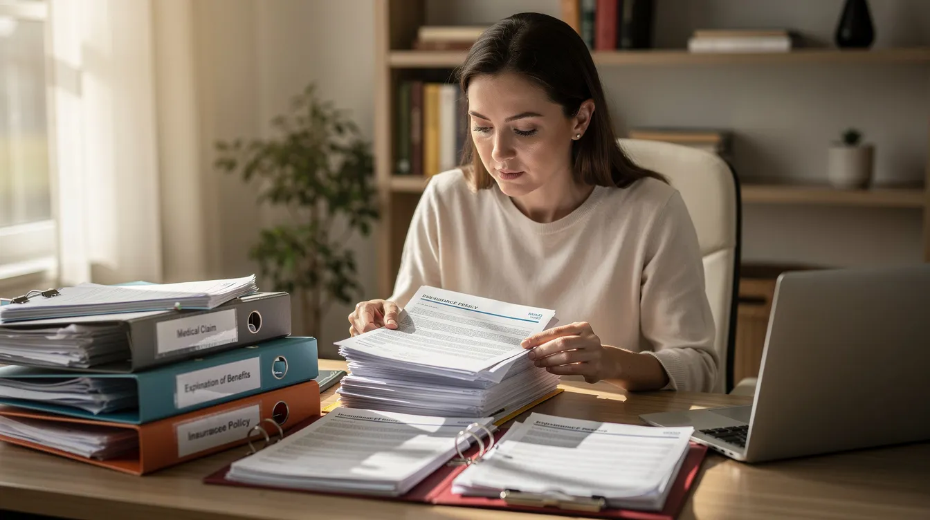 A focused parent sits at a desk, meticulously organizing medical documents and insurance paperwork related to mental health care. The scene highlights the importance of understanding insurance coverage for therapy services, ensuring access to online therapy options and support for mental health needs.
