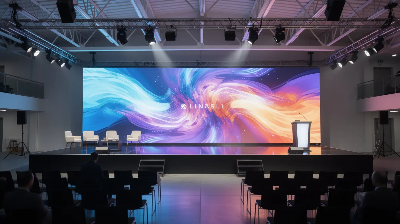 The image shows a spacious indoor event venue featuring a vibrant LED video wall behind a corporate stage setup, designed to enhance presentations and create memorable experiences at events. This setup highlights the potential of video wall rentals for corporate events, offering a visually impactful backdrop for audiences.
