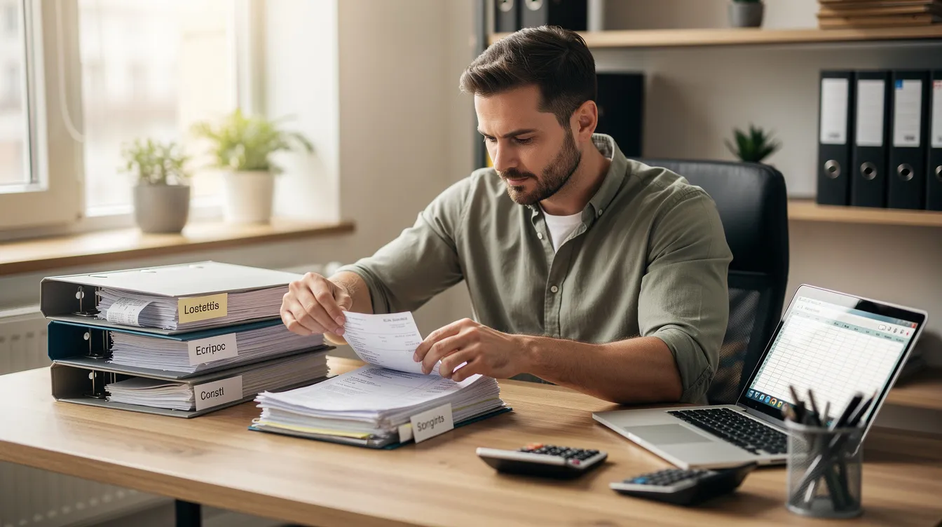A small business owner is meticulously organizing various papers and documents, including bank statements and utility bills, at their desk. This careful arrangement is essential for preparing the necessary paperwork to apply for a mudra loan, ensuring all required documents are ready for submission to small finance banks.