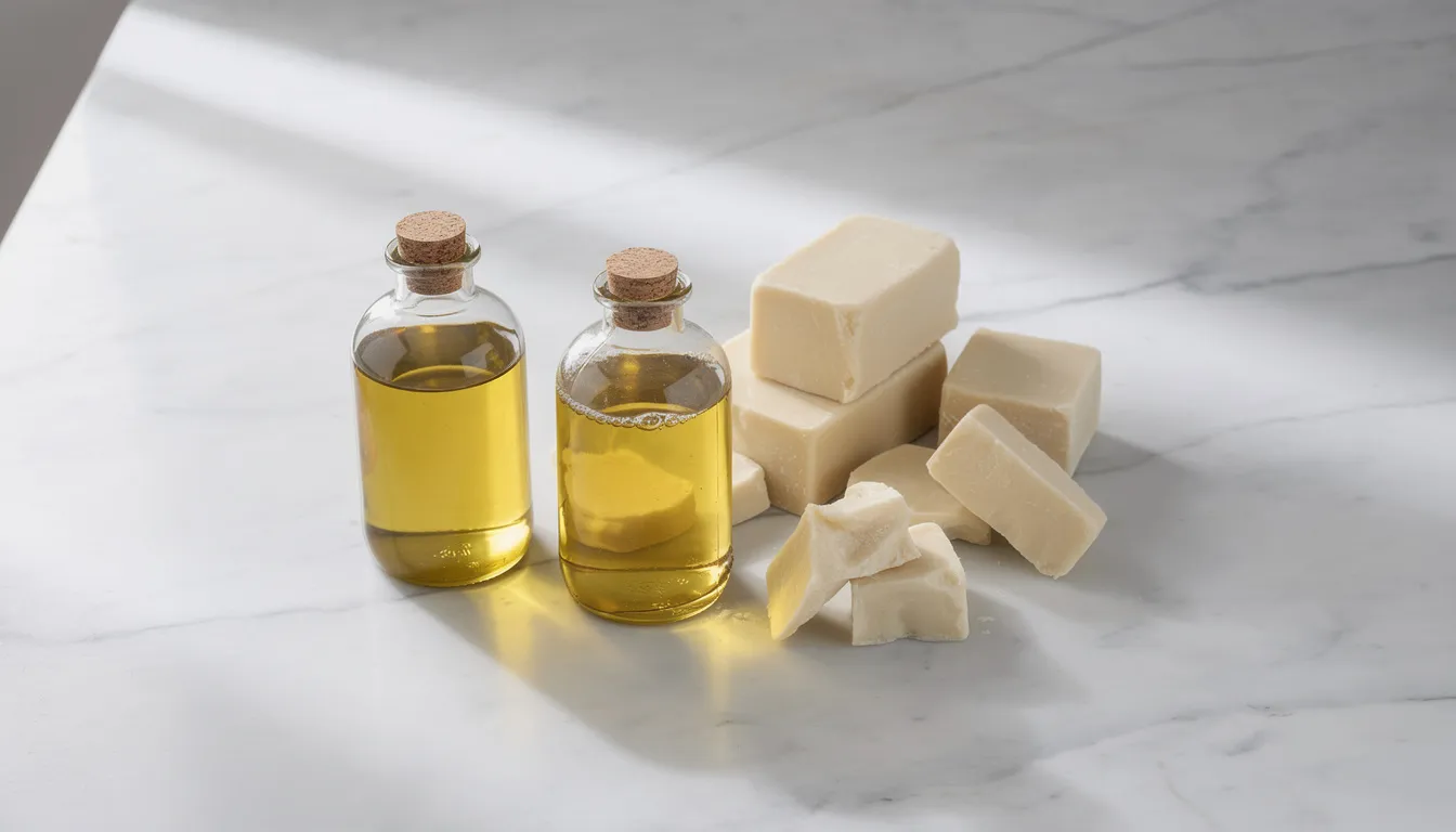 The image features glass bottles of olive oil and coconut oil placed next to blocks of shea butter, all arranged on a smooth marble surface. This display highlights natural ingredients often used in soap making, promoting the benefits of handmade soap for sensitive skin.