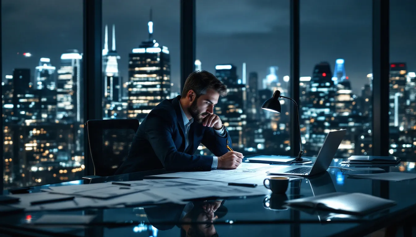 An architect is working late at night in a modern office, surrounded by blueprints and architectural materials, while city lights twinkle in the background. This scene highlights the importance of time management and work-life balance as the architect focuses on completing important tasks amidst the demands of their job.