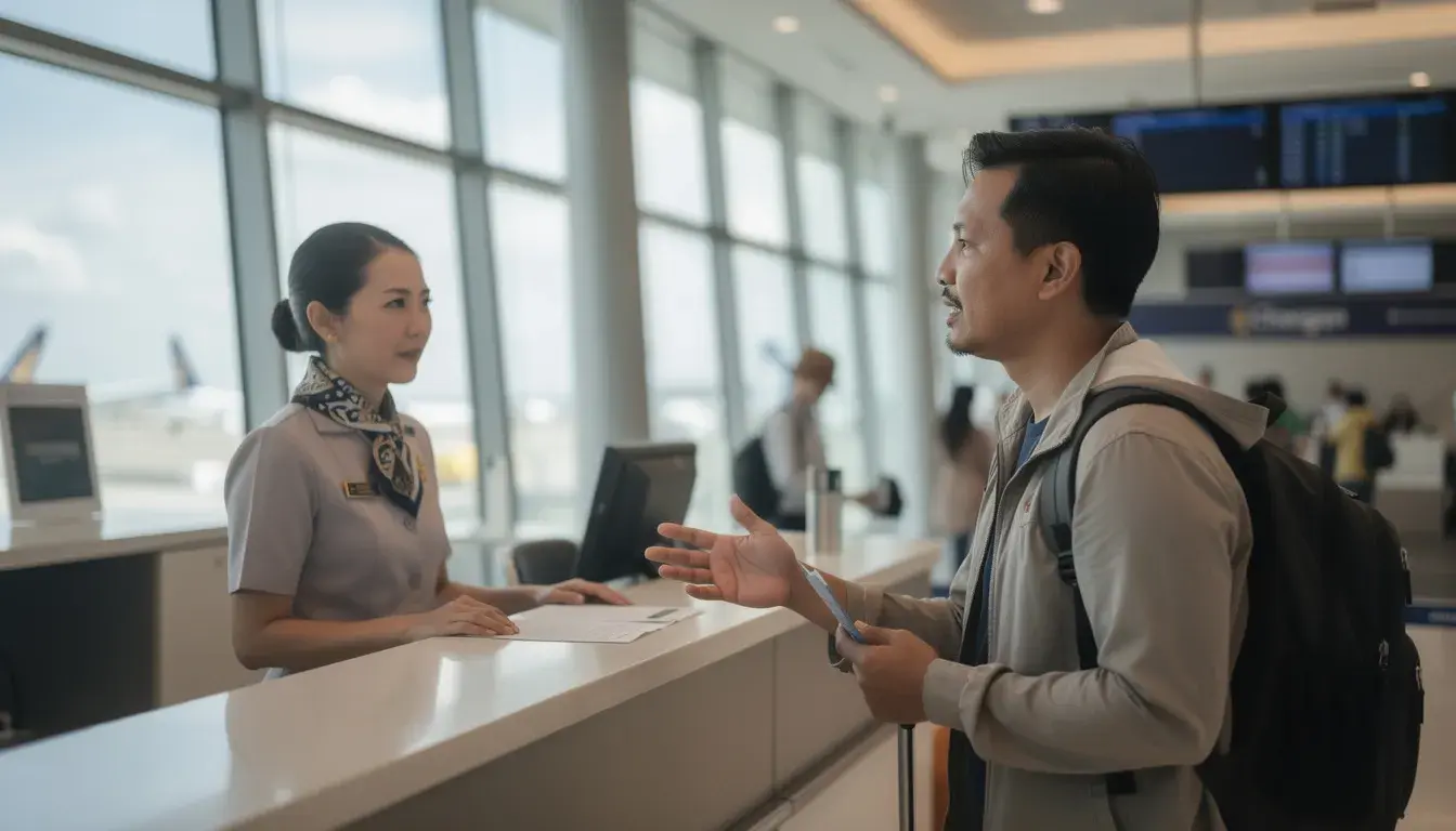 A traveler is calmly speaking with an airline staff member at the check-in area of Singapore Changi Airport, captured in a photorealistic style with natural daylight streaming through large windows. The scene emphasizes the airport's welcoming environment, showcasing the importance of understanding Singapore visa requirements for entry, such as having a valid passport and necessary travel documents, including a dummy ticket for proof.