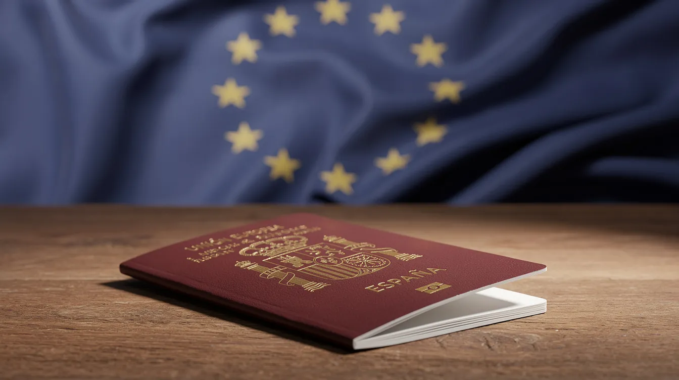 A Spanish passport rests on a table, with the European Union flag prominently displayed in the background, symbolizing the connection between Spanish citizenship and European nationality. This image highlights the importance of obtaining Dual Nationality Spain.
