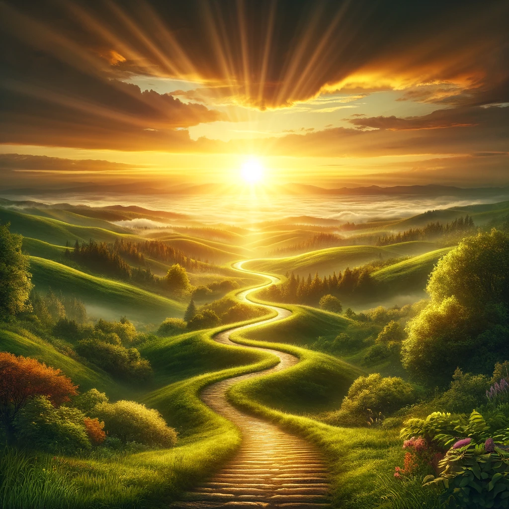 AI-generated image of a path leading to a sunrise on the horizon 