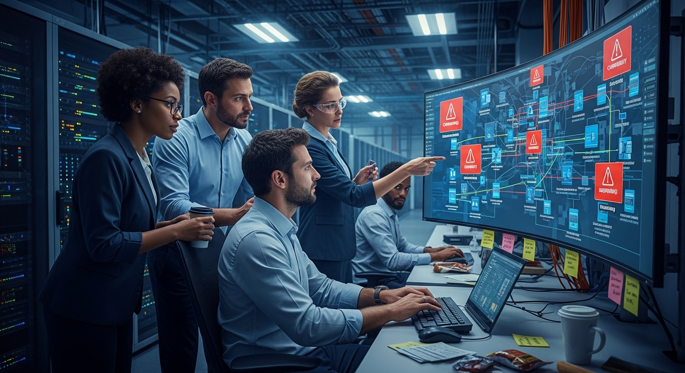 IT team managing complex virtual desktop deployment with multiple warning icons for compatibility, security, and infrastructure challenges.
