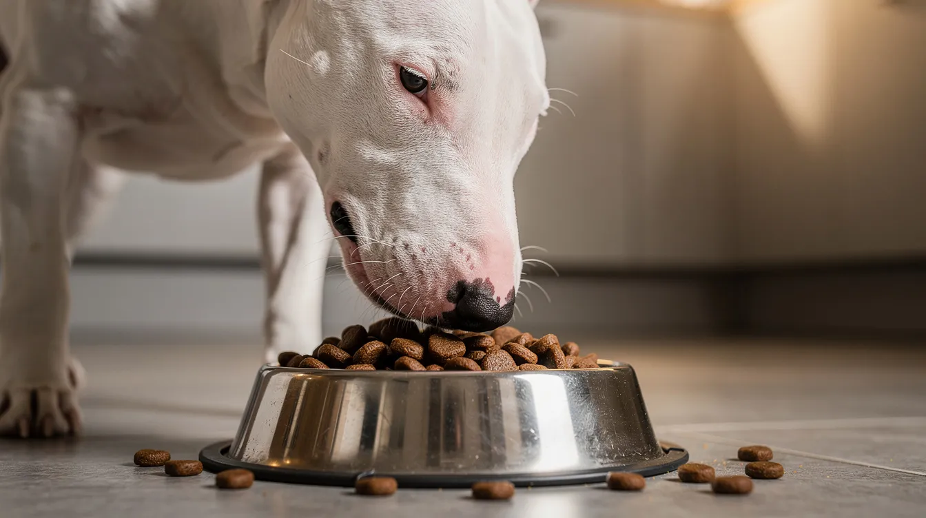 A white Bull Terrier is happily eating high-quality kibble from a dog bowl, showcasing its distinctive egg-shaped head and strong build. The scene captures the dog's playful nature and healthy appetite, emphasizing the importance of quality nutrition for active dogs.