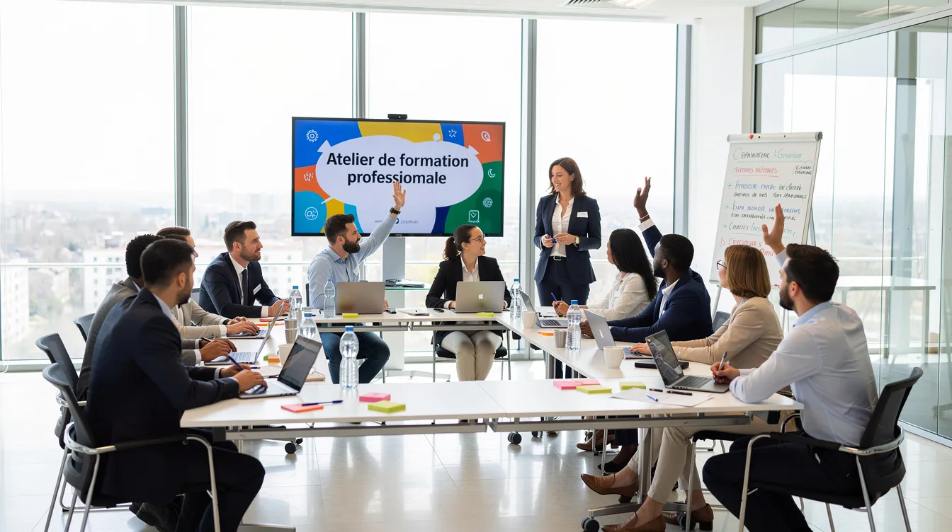 Professionals take part in a training workshop in a bright room.
