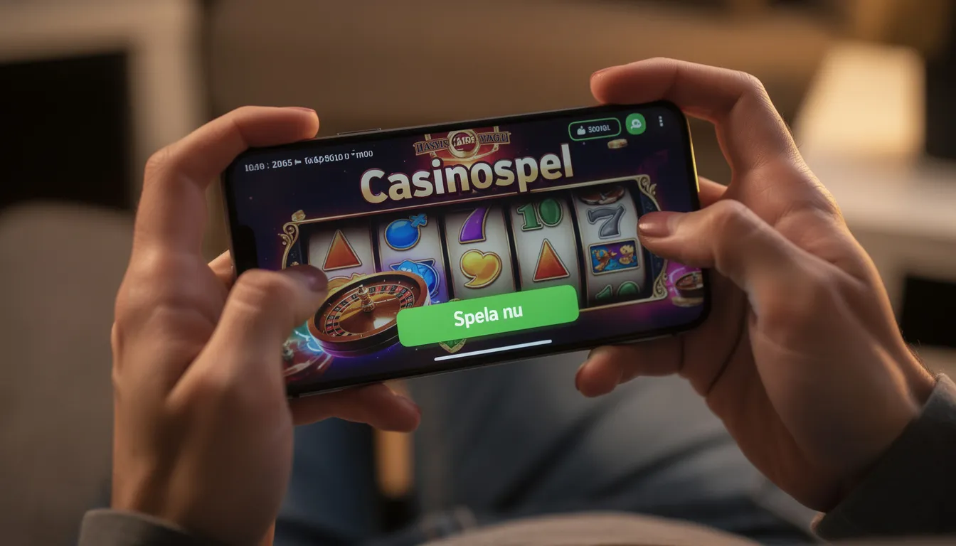En person sitter och spelar casinospel på en modern smartphone, med fokus på det användarvänliga gränssnittet hos Vera John. Skärmen visar olika spelalternativ och möjligheter för insättningar och uttag, vilket ger en känsla av att spela live casino dygnet runt.
