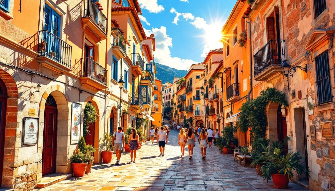 Ulica Rycerska w Starym Mieście Rodos, z kamiennymi budynkami i turystami.