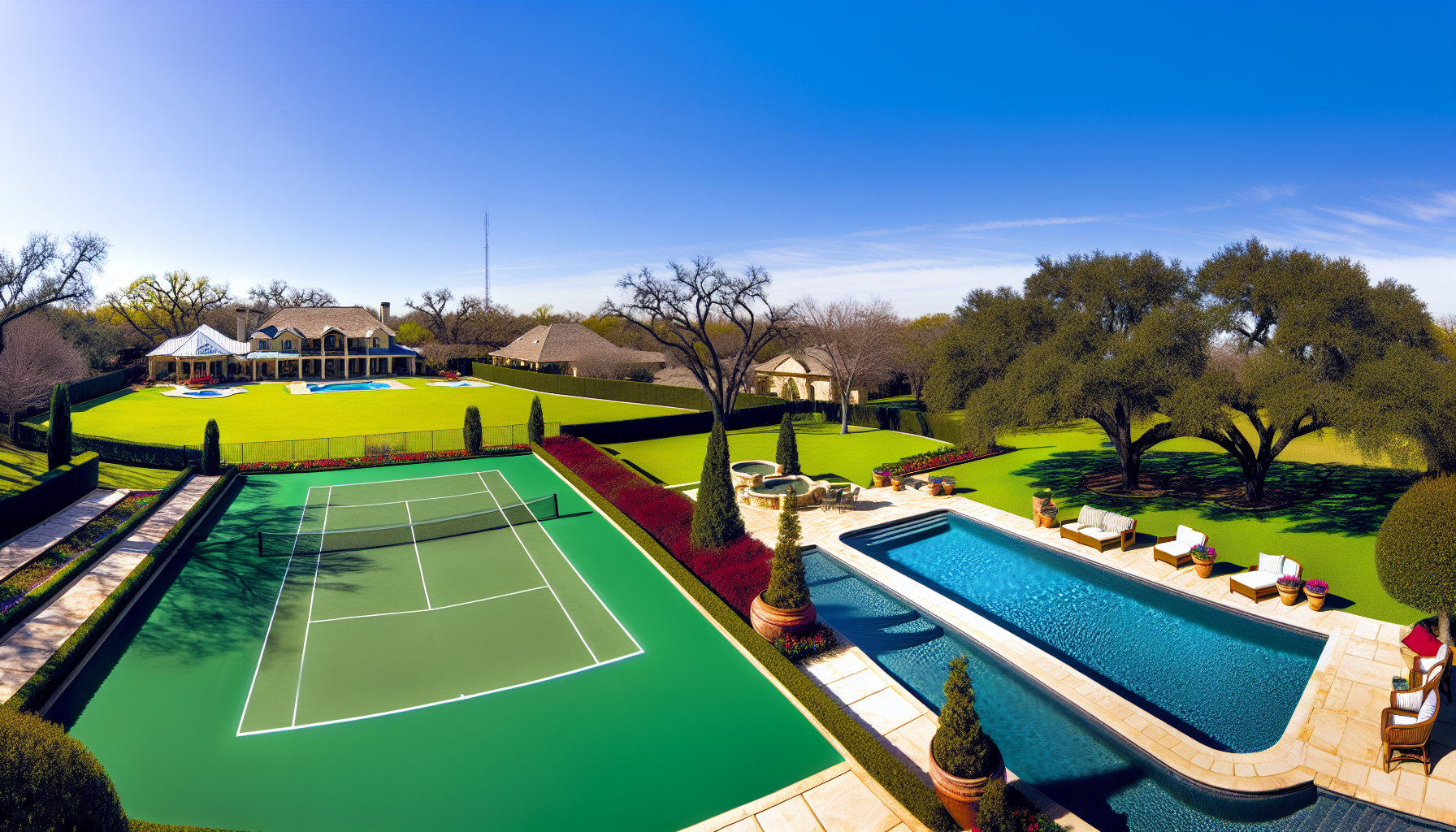 Expansive outdoor living area with a tennis court and pool