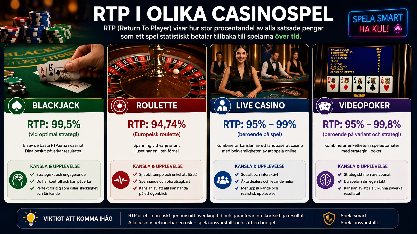 RTP i olika casinospel – jämförelse mellan slots, blackjack, roulette och videopoker return to player