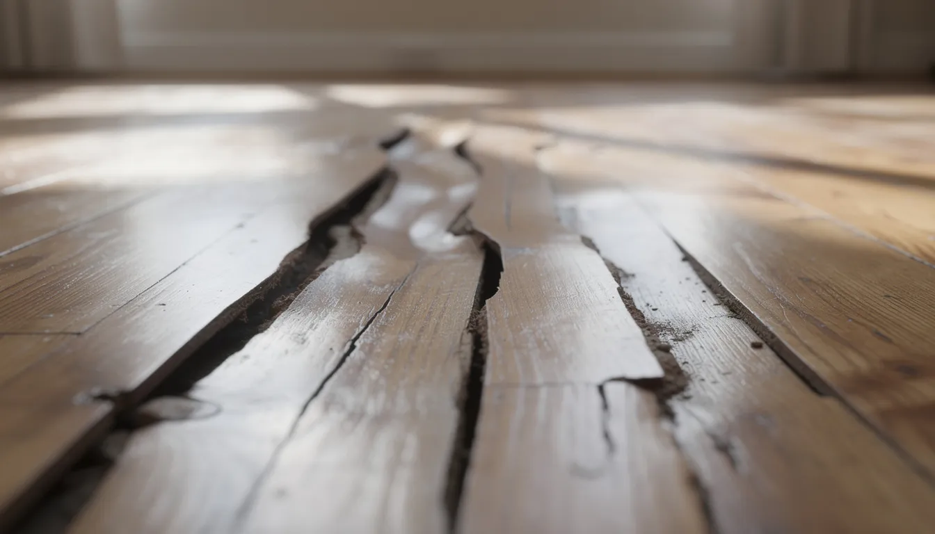 The image shows water-damaged hardwood flooring with significant warping and separation between the planks, likely resulting from a leaking water heater. This flood damage compromises the structural integrity of the floor, indicating a need for urgent repair and potential replacement of the affected areas.
