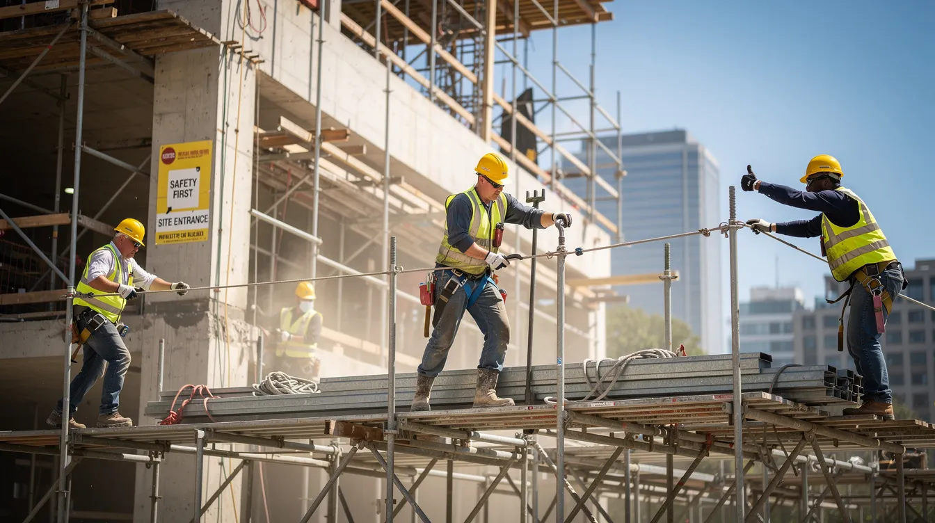 A group of construction workers, equipped with hard hats and safety harnesses, are diligently working on scaffolding at a bustling building site. The scene highlights the importance of safety equipment in preventing workplace injuries, as these workers navigate potential hazards that could lead to serious injuries or workplace accidents.
