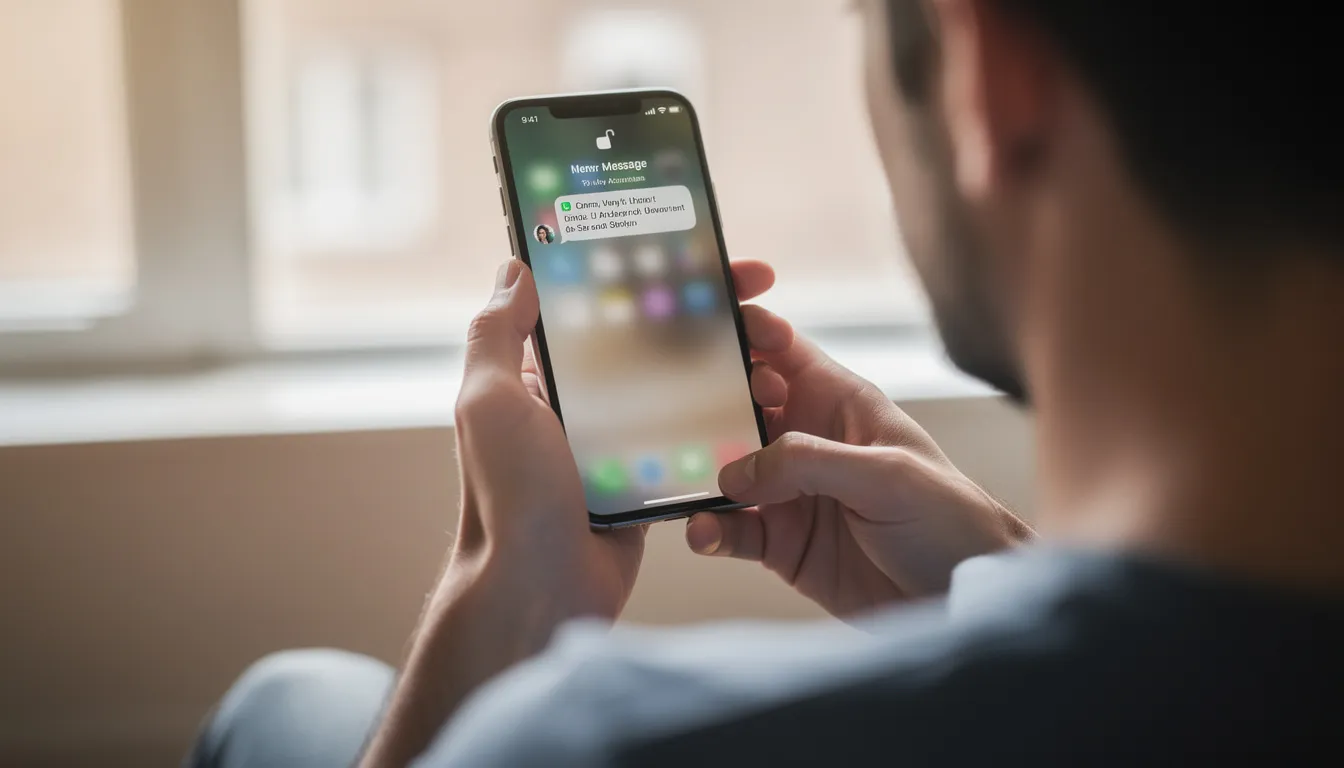 A person is holding a smartphone and reading a text message notification, which may include promotional information or marketing messages. This scene highlights the importance of obtaining express consent for sending text messages in compliance with the Telephone Consumer Protection Act.