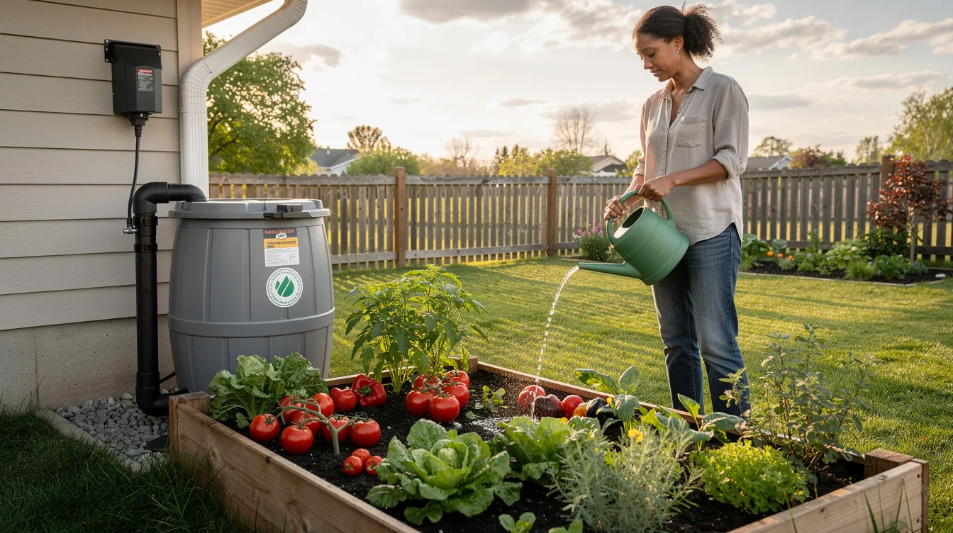 A homeowner is watering their vegetable garden using a garden hose connected to two rain barrels filled with collected rainwater, showcasing a practical application of rainwater harvesting for outdoor irrigation. This scene emphasizes water conservation practices and the benefits of a rainwater collection system in residential properties.