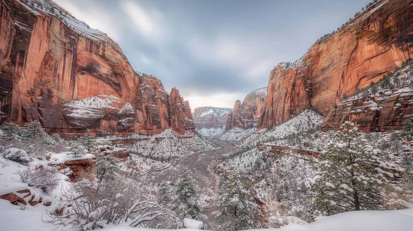 The image depicts the stunning Zion Canyon landscape, showcasing vibrant red rock formations blanketed with a light dusting of snow under a serene winter sky. This picturesque scene highlights the natural beauty of Zion National Park, a popular destination for hikers planning to tackle the challenging Angels Landing trail.