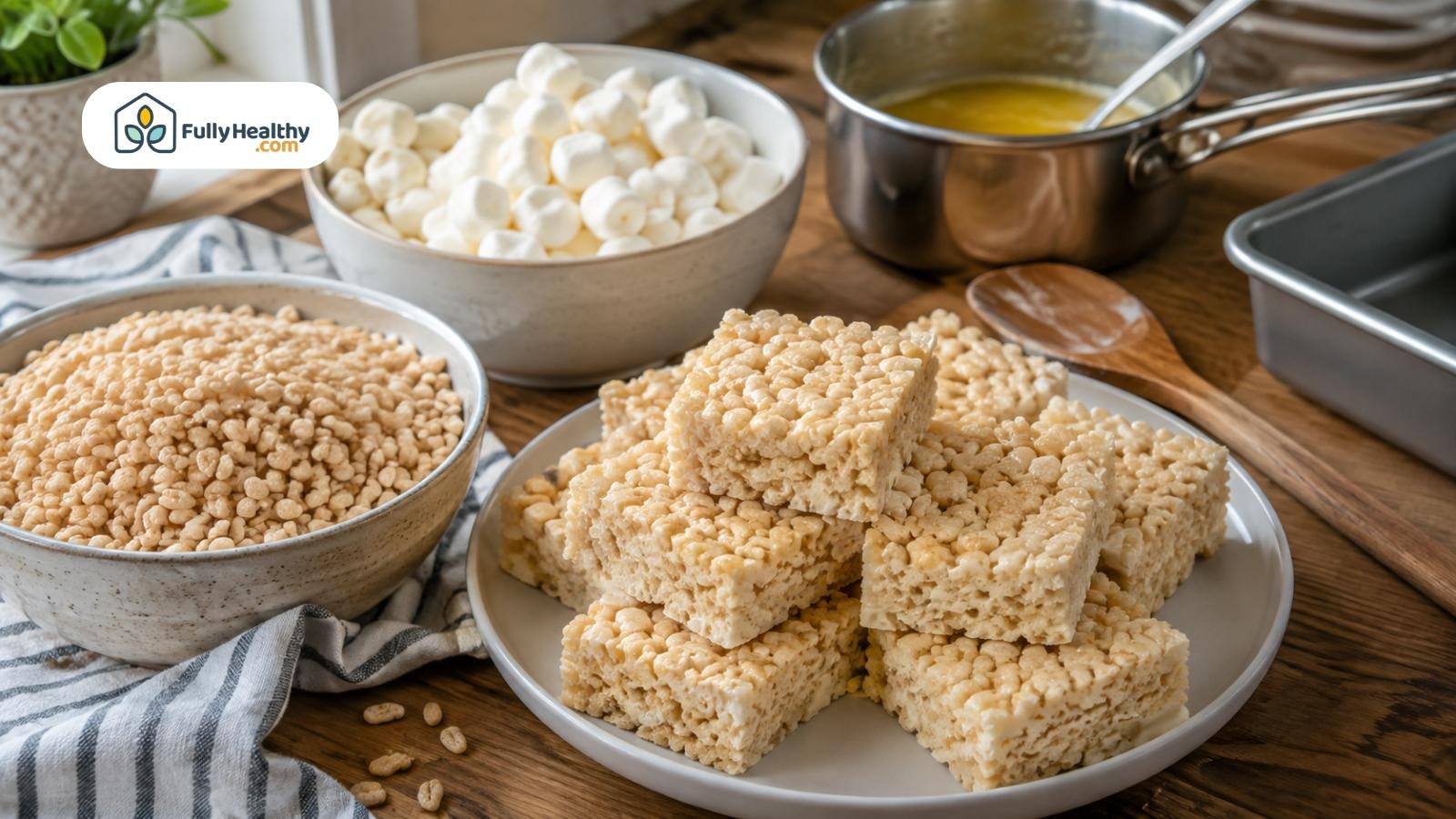 Rice crispy treats served with cereal, marshmallows, and melted butter nearby