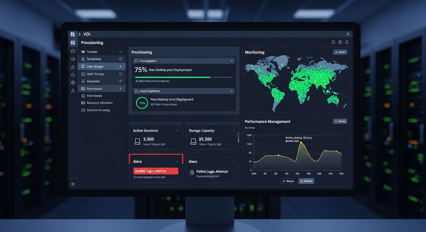VDI software dashboard showing provisioning, monitoring, and performance management of virtual desktops.