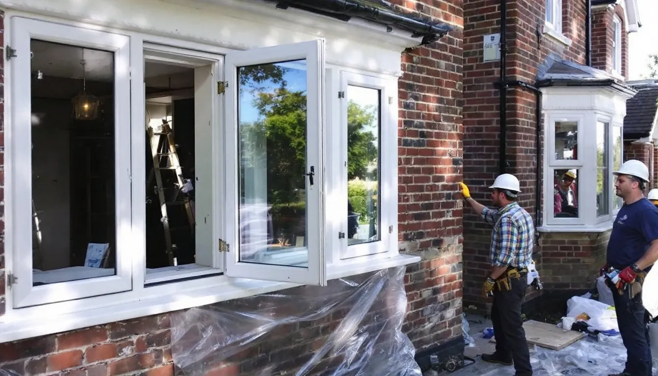 Het beeld toont het renovatieproces van een traditioneel huis waarbij nieuwe kunststof kozijnen, zoals de Aluplast Ideal 7000, worden geïnstalleerd. Deze kozijnen bieden optimale thermische isolatie en zijn beschikbaar in verschillende kleuren en folies, waardoor ze zowel esthetisch aantrekkelijk als energie-efficiënt zijn.
