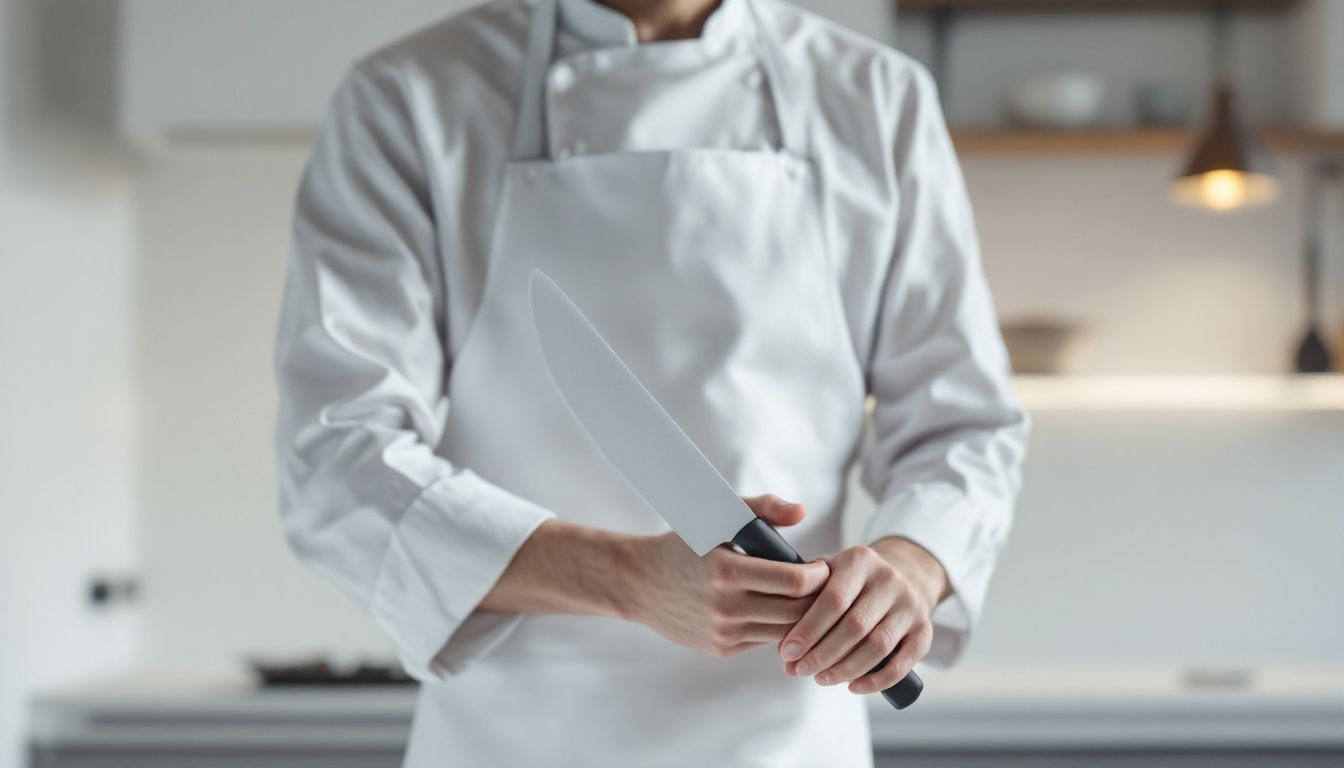 A chef demonstrating the use of a white steel knife for food preparation.