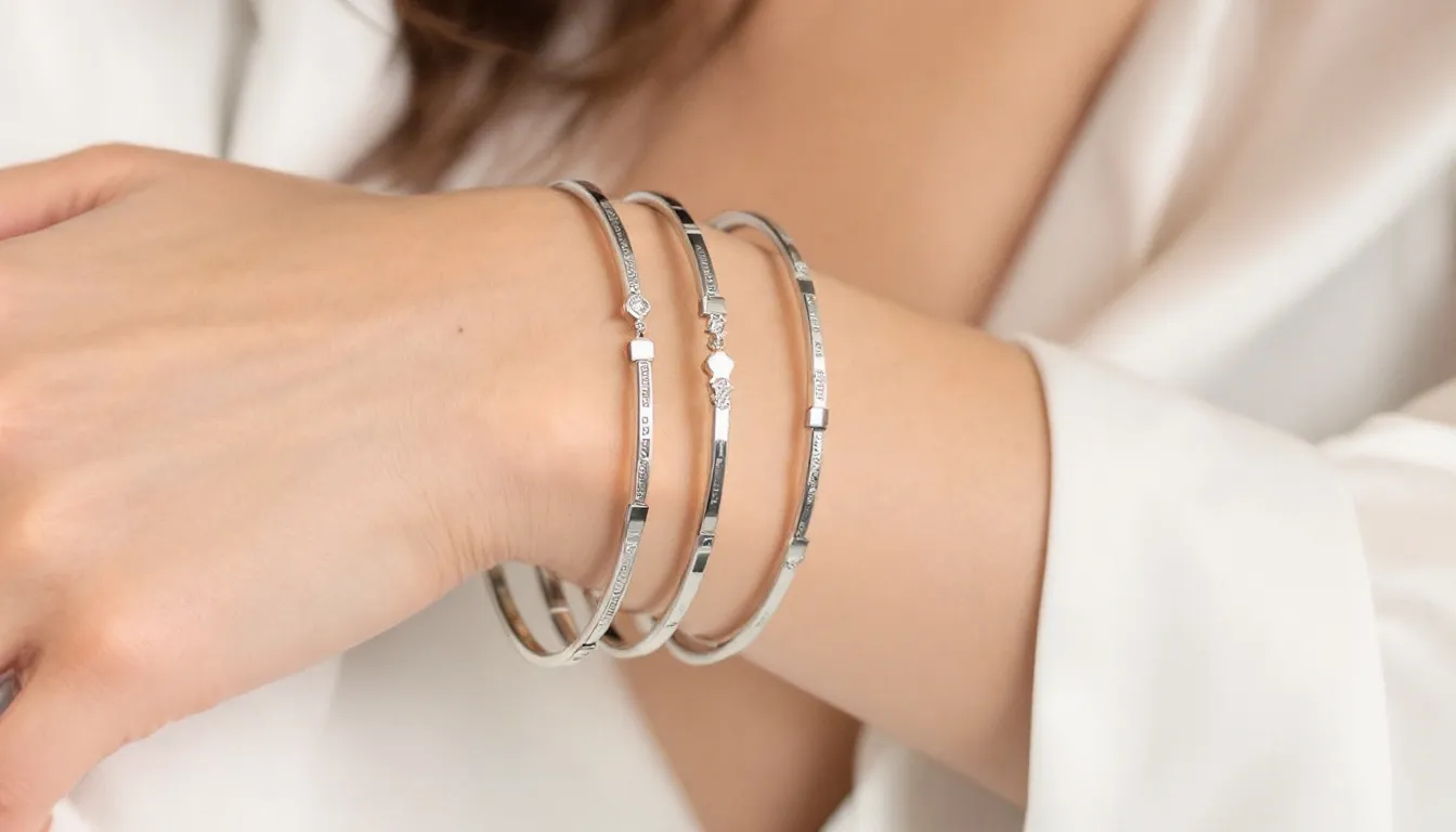 A collection of elegant sterling silver bangles for women, showcasing a variety of handcrafted designs that sparkle and complement any outfit. These durable closed bangles are perfect for sensitive skin and make an ideal gift for special occasions.